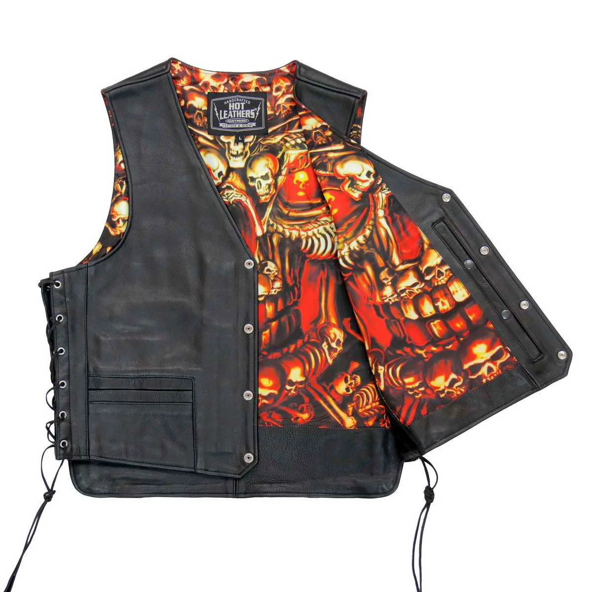 Organic Hot Leathers M1061 Men’s Black ‘Skulls Make Skulls’ Conceal and Carry Side Lace Leather Vest Professional