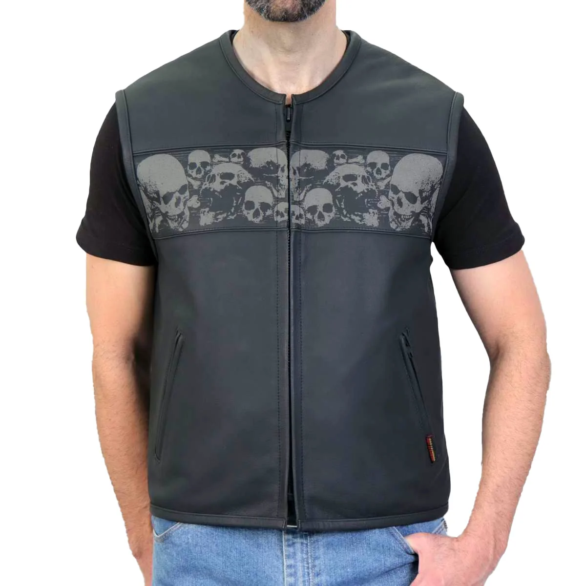 Green Hot Leathers M2003 Men’s Black ‘Ancient Skulls’ Conceal and Carry Leather Vest Healthy