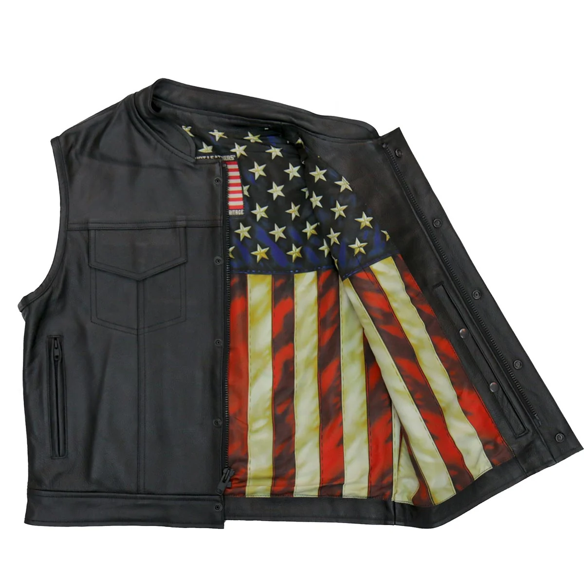 Green Hot Leathers M1056 Men’s Black Vintage USA Flag Conceal and Carry Leather Vest Soft