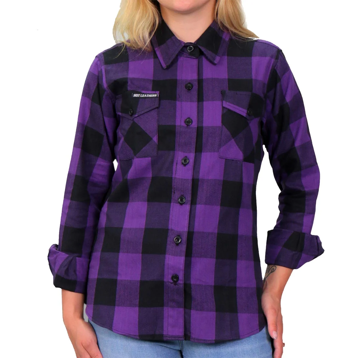 Expertly Made Hot Leathers FLL3003 Ladies Black and Purple Long Sleeve Flannel Shirt Professional