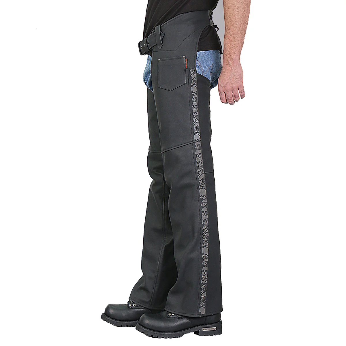 Trusted Hot Leathers CHM2001 Men s Matte Black Leather Chaps with Ancient Skull Artwork Effective