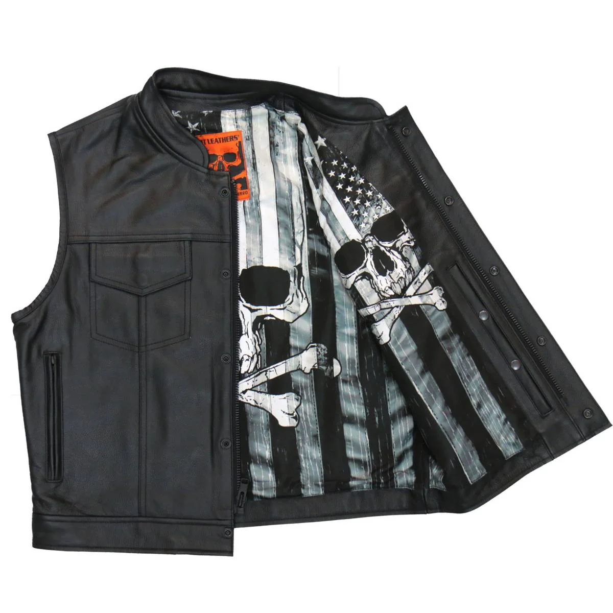 Minimalist Hot Leathers M1054 Men s Black Skull Flag Conceal and Carry Leather Vest Casual