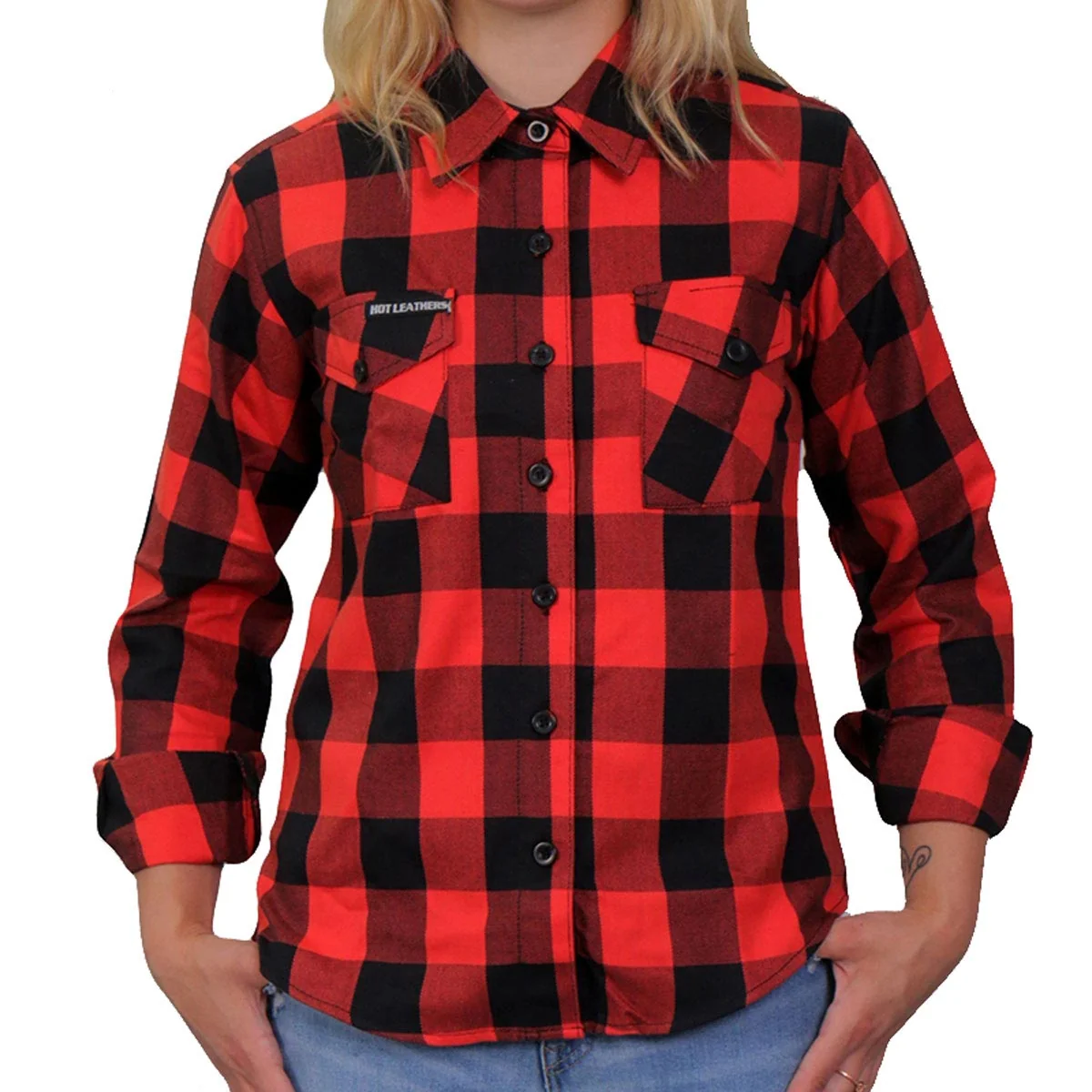 Exclusive Hot Leathers FLL3002 Ladies Black and Salmon Long Sleeve Flannel Premium