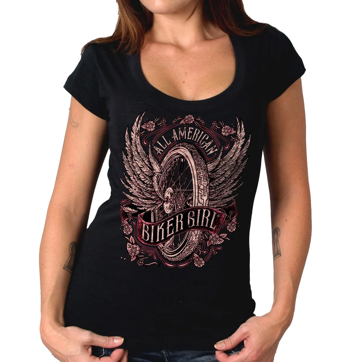 Trendy Hot Leathers GLC1518 Women’s Black All American Biker Girl Scoop Neck Printed T-Shirt Eco-Friendly