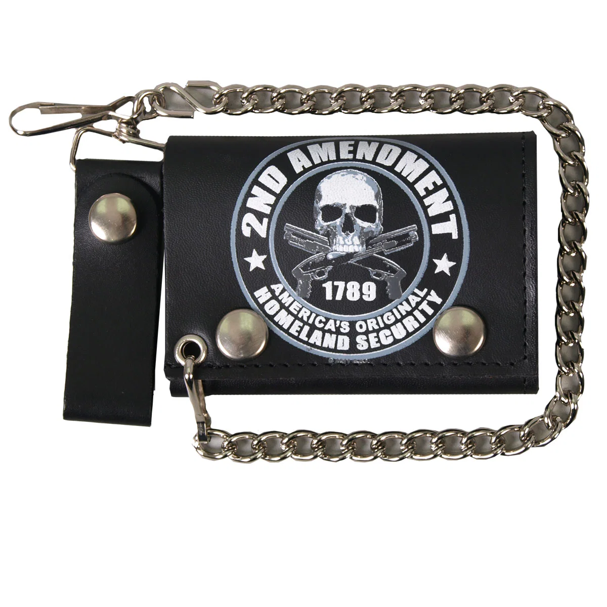 Recyclable Hot Leathers WLB1021 2nd Amendment Tri-fold Black Leather Wallet with Chain Outstanding