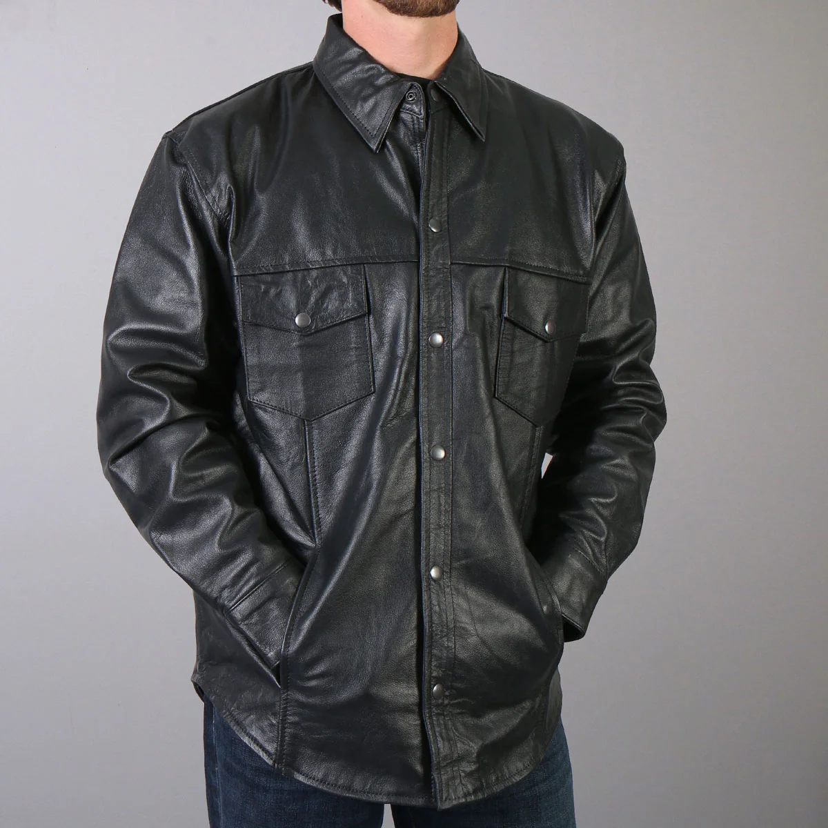 Specialty Hot Leathers LCS1001 Men s Classic Black Fashion Leather Shirt with Multiple Pockets Superior