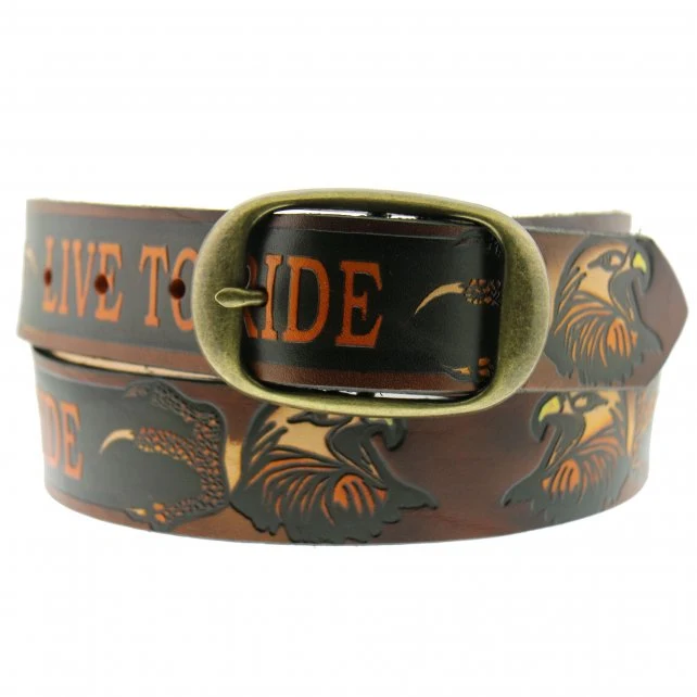 Crafted Hot Leathers BLE1005 Live To Ride Embossed Brown Leather Belt Environmentally Friendly