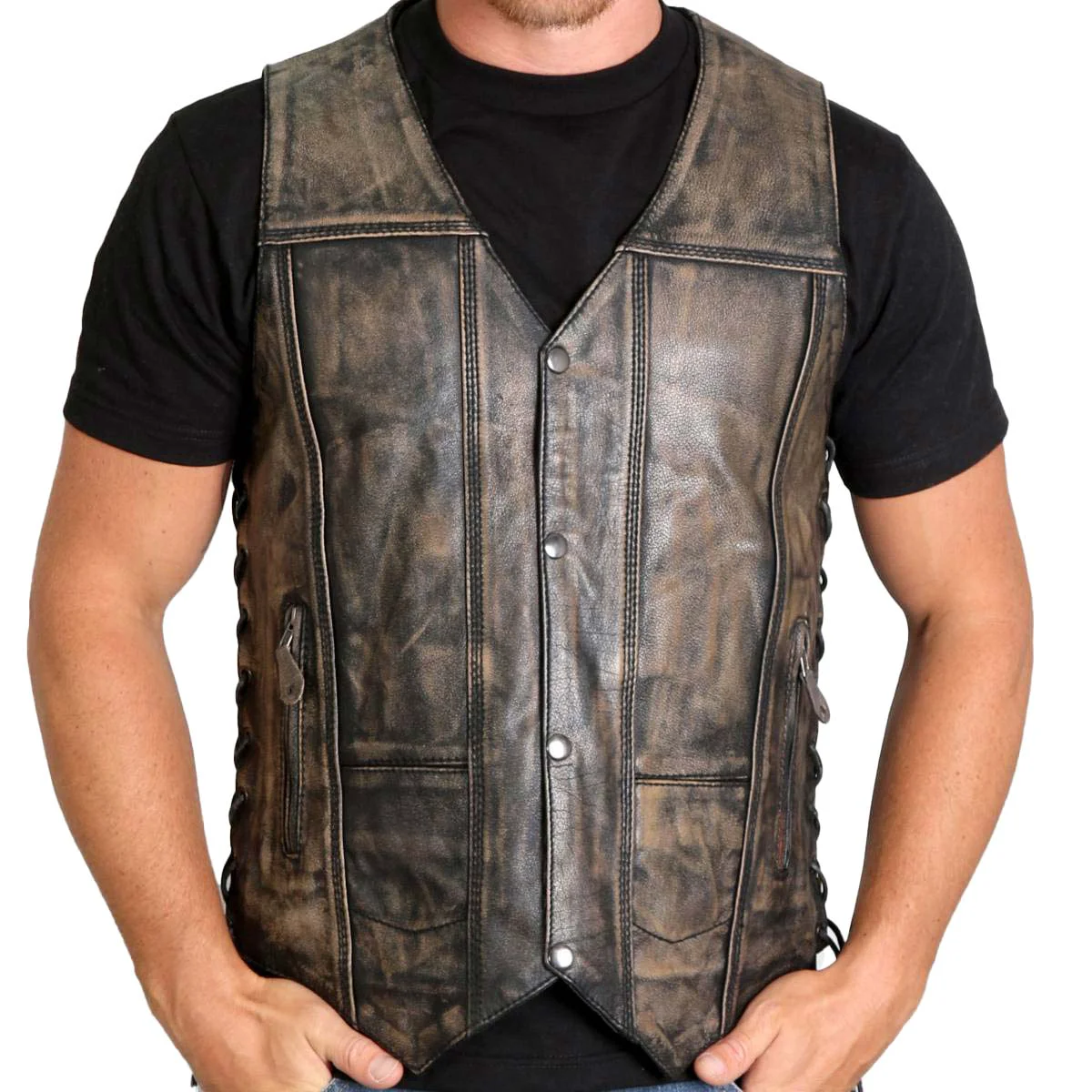 Recyclable Hot Leathers M1029 Men’s Distressed Brown 10 Pocket ‘Conceal and Carry’ Leather Vest Natural