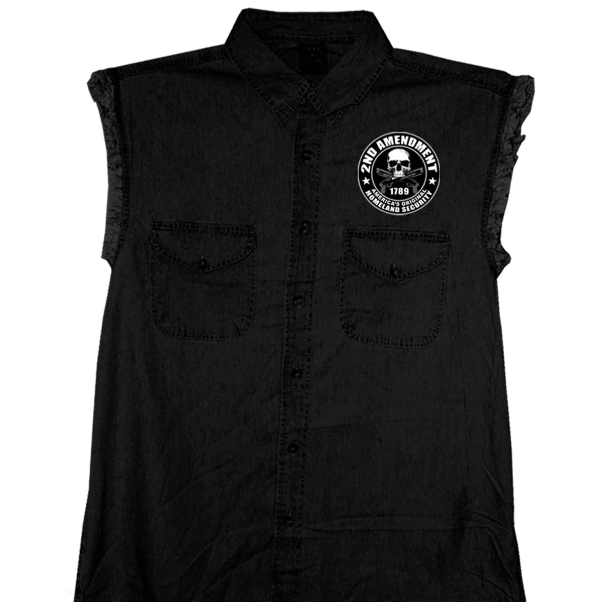 Fine Crafted Hot Leathers GMD5200 Men’s ‘2nd Amendment America’s Homeland Security’ Sleeveless Black Denim Shirt Prestigious