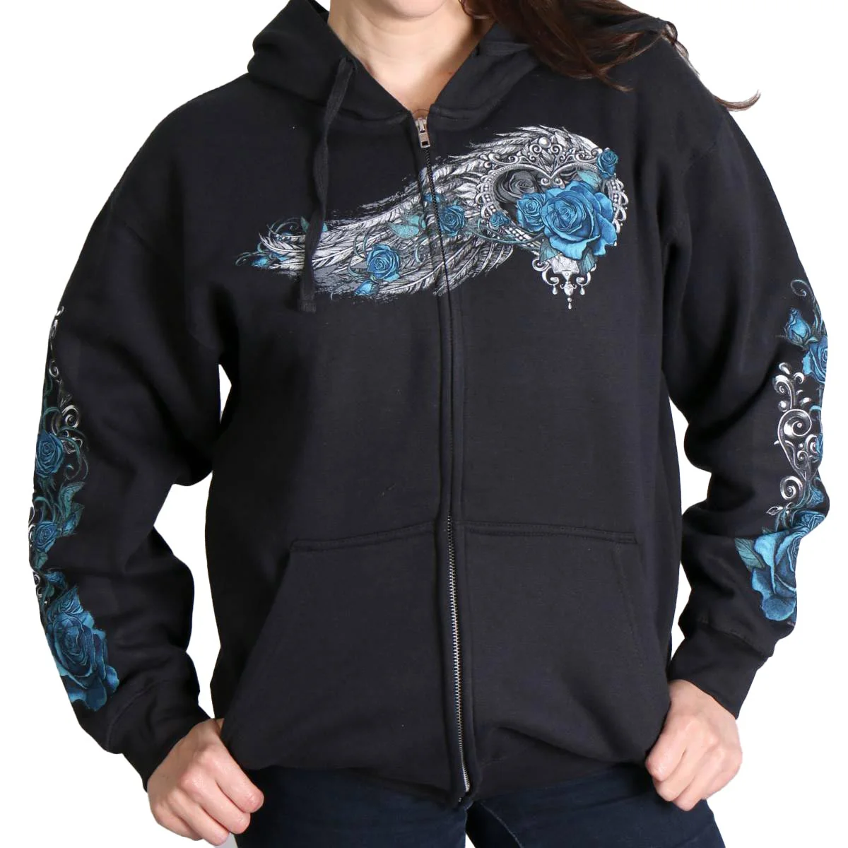 Reusable Hot Leathers GLZ4345 Women’s ‘Angel Roses’ Zip Up Hooded Black Sweat Shirt Premium
