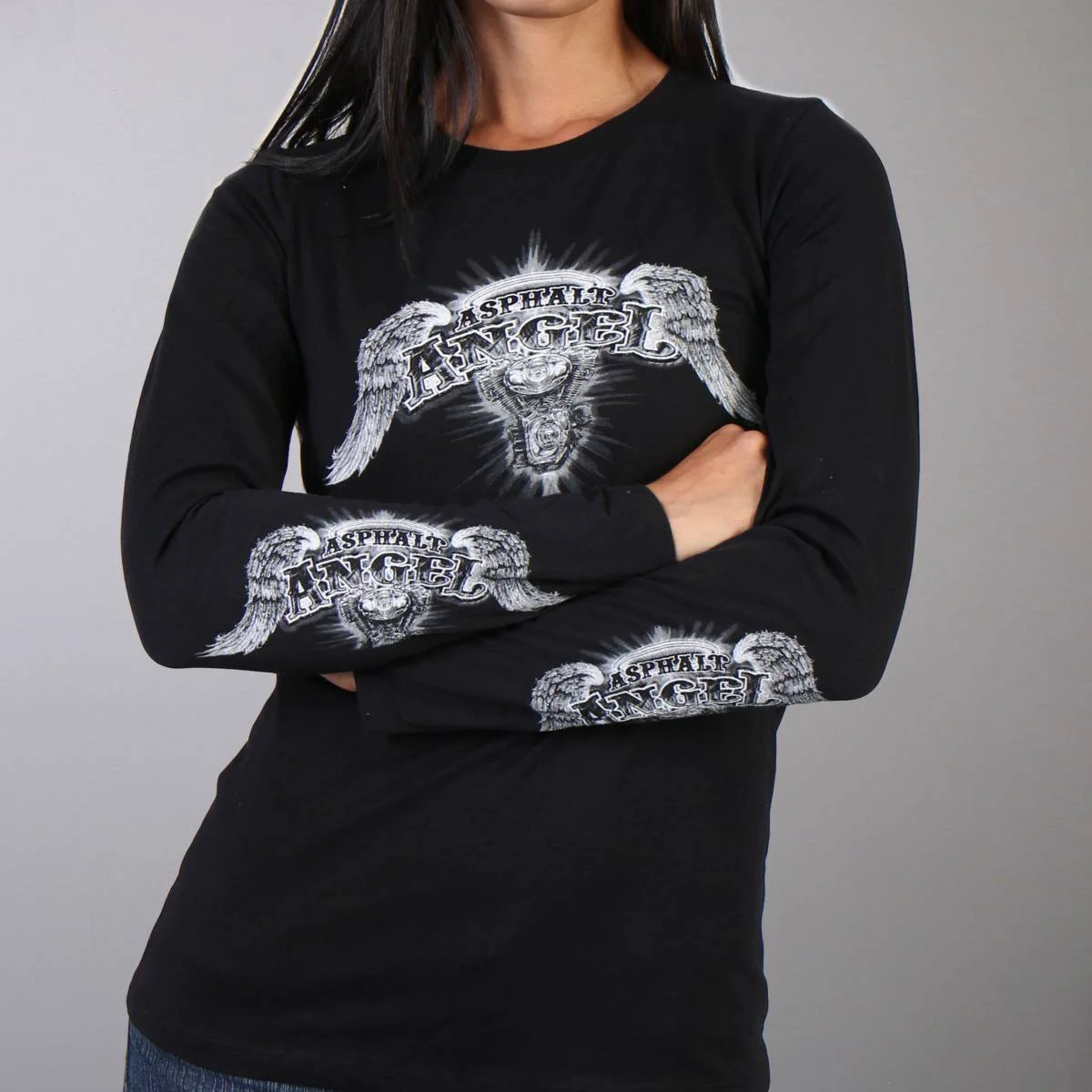 Fine Hot Leathers GLD3038 ‘Asphalt Angel’ Double-Sided Print Ladies Black Long Sleeve Shirt Official