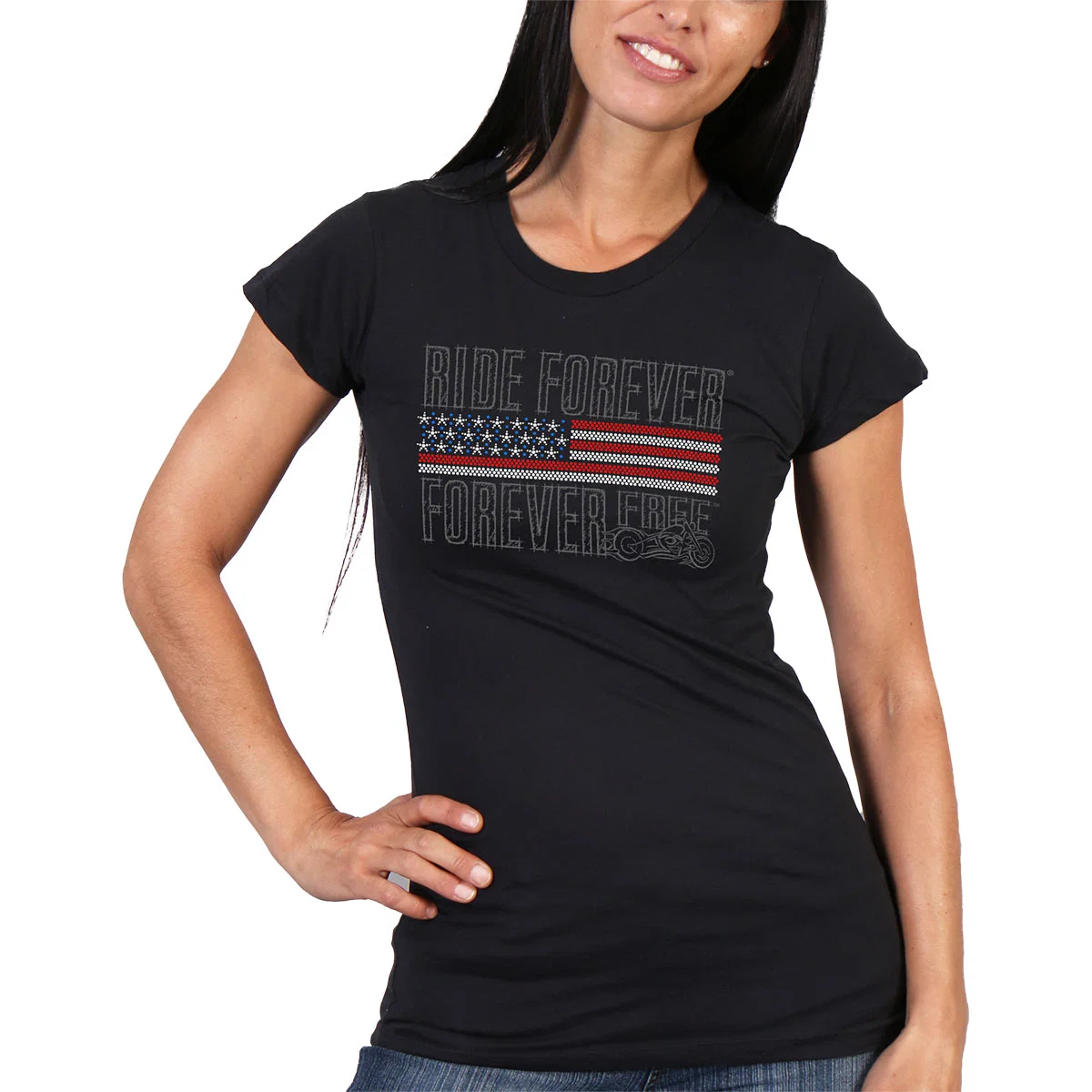 Expertly Made Hot Leathers GLR1428 Flag Bling Full Cut Short Sleeve Ladies Black T-Shirt Artisan