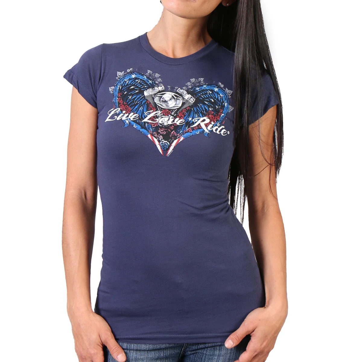 Modern Hot Leathers GLD1297 'Live Love Ride' Ladies Angel Wings Navy Blue T-Shirt Luxury
