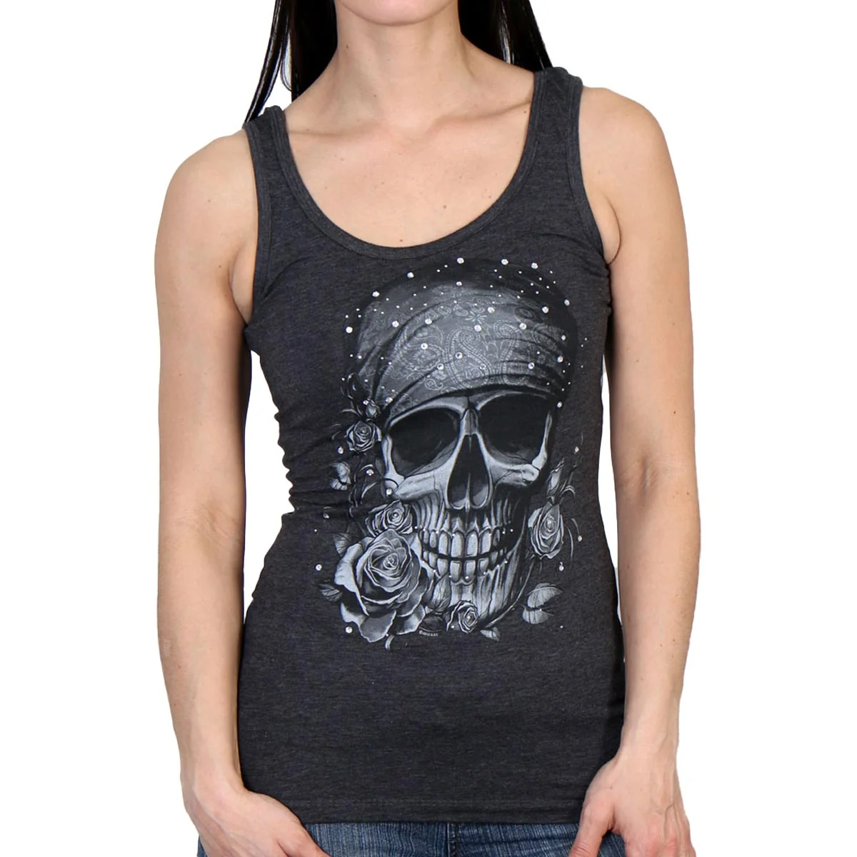 Unique Hot Leathers GLC2378 Skull Bandana Tank Top Shirt with Rhinestones in Heather Charcoal Color Flexible