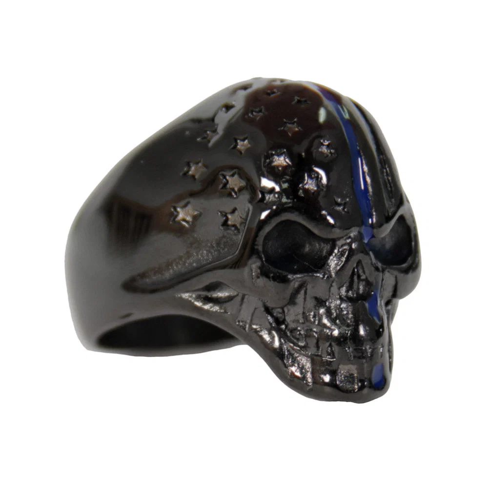 First-Class Hot Leathers JWR2130 Men’s Black ‘Police Flag Skull’ Stainless Steel Ring High-Quality