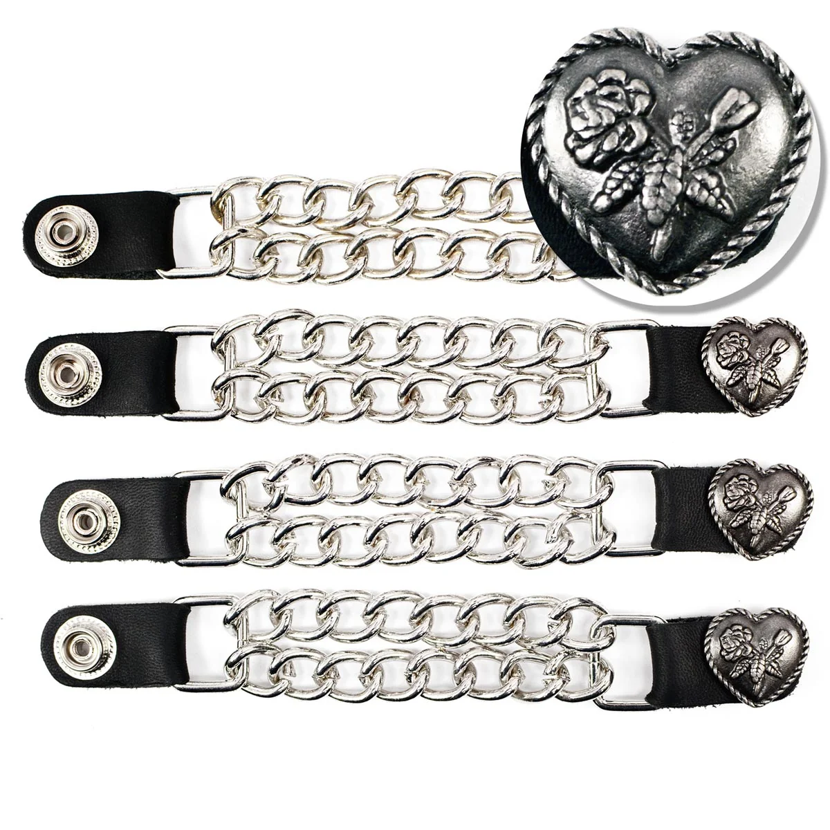 Quality Milwaukee Leather Heart Rose Medallion Vest Extender – Double Chrome Chains Leather 6.5 Extension 4-PCS MLA6013SET Detailed