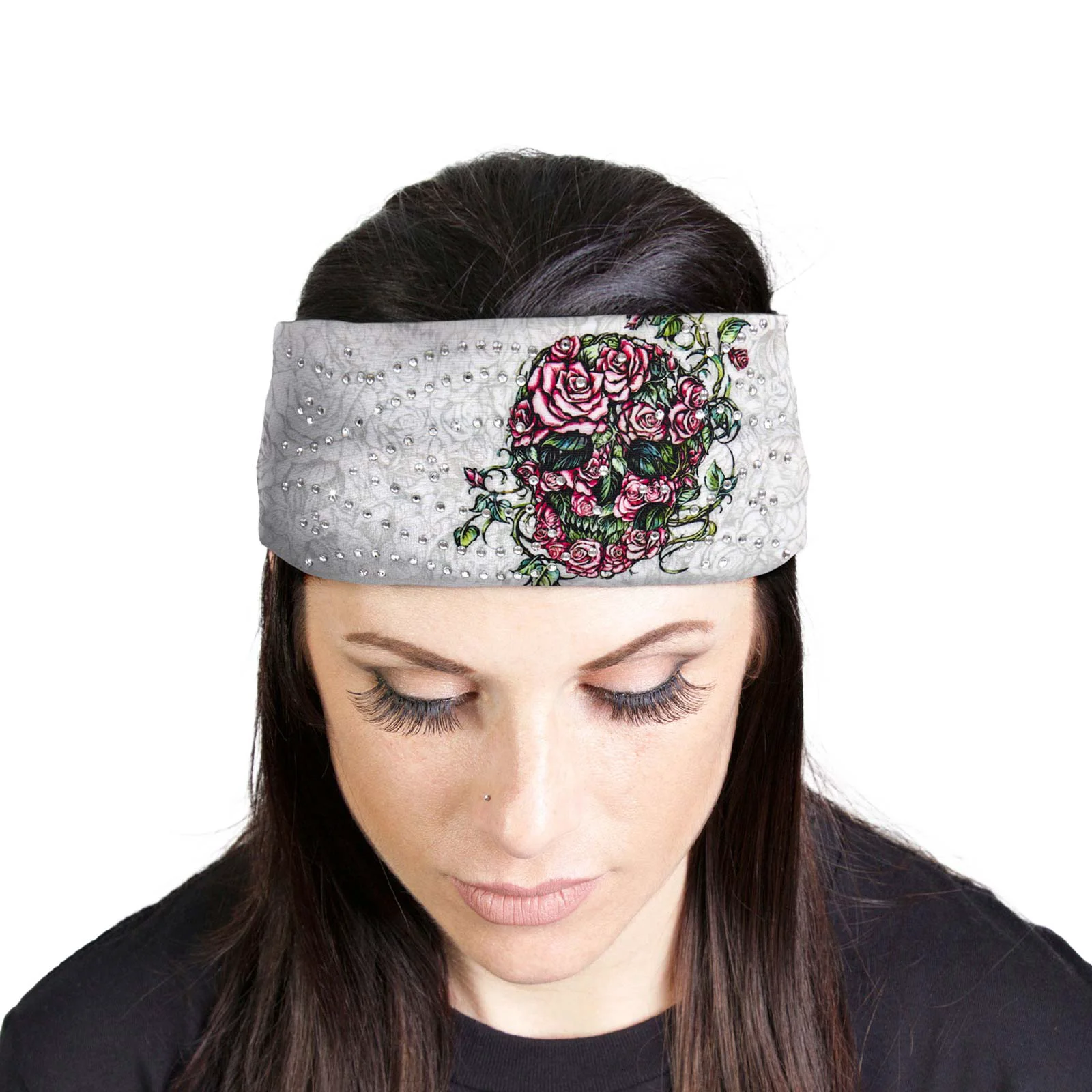 Breathable Milwaukee Leather Bling Designed Wide Headbands-Headwraps for Women Biker Bandana with Rose Skull – MLA8038 Elite