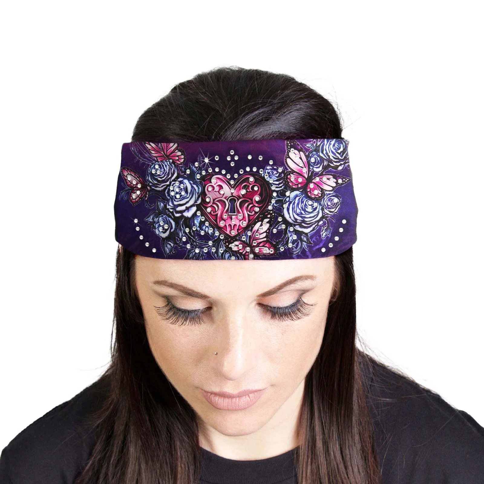 Environmentally Friendly Milwaukee Leather Bling Designed Wide Headbands-Headwraps for Women Biker Bandana with Heart Lock – MLA8025 Premium Material