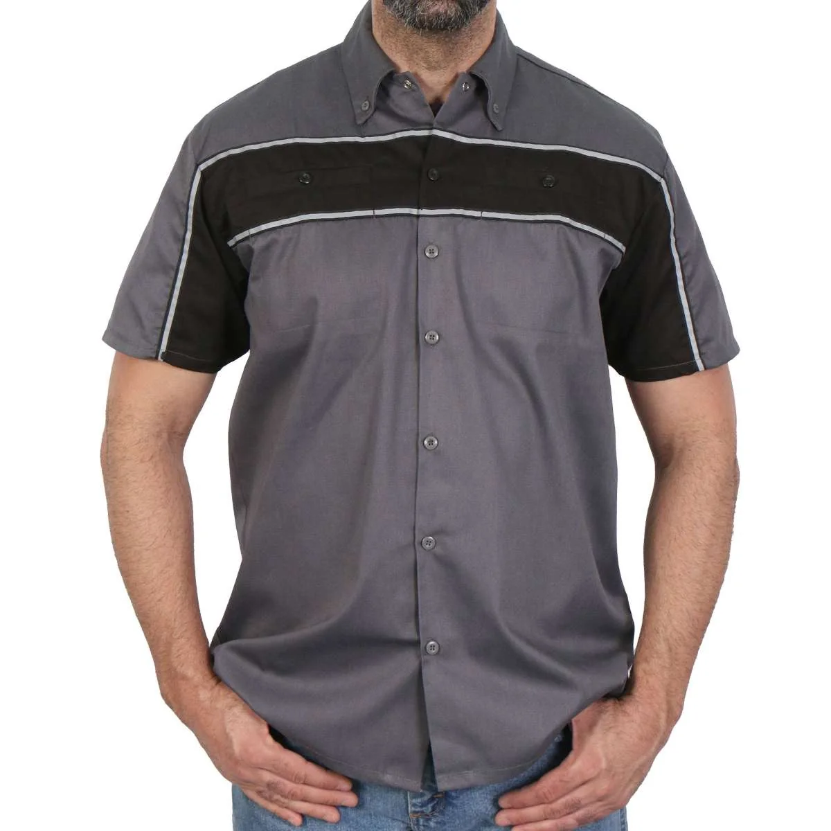 Trusted Hot Leathers GMM1005 Men’s Classic Mechanic 2-Tone Button Up Work Shirt w Reflective Material Unique