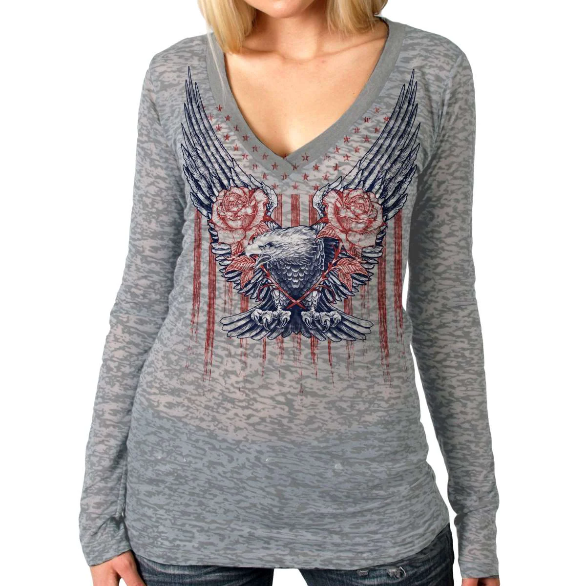 Crafted Hot Leathers Ladies Long Sleeve Burnout Up-Wing Eagle Shirt GLC3539 Original Design