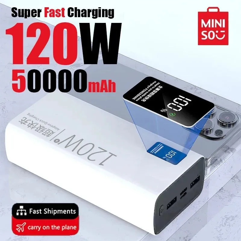 Authentic Miniso 120W Super Fast Charging 50000mAh Power Bank – High Capacity Portable Power Supply for Various Mobile Phones Green