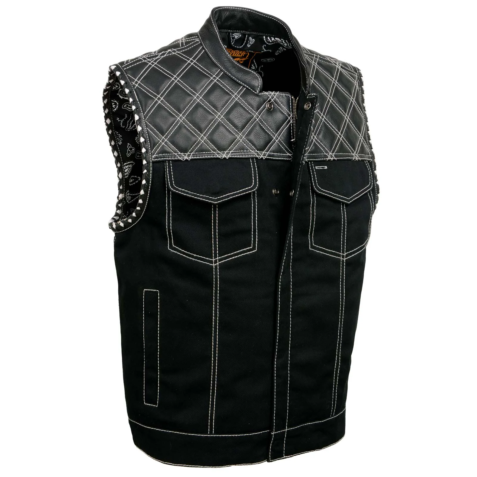 High-Performance Milwaukee Leather MDM3035 Men s Wrecker Club Vest – Black Denim Leather Diamond Quilt White Stitch Original Design