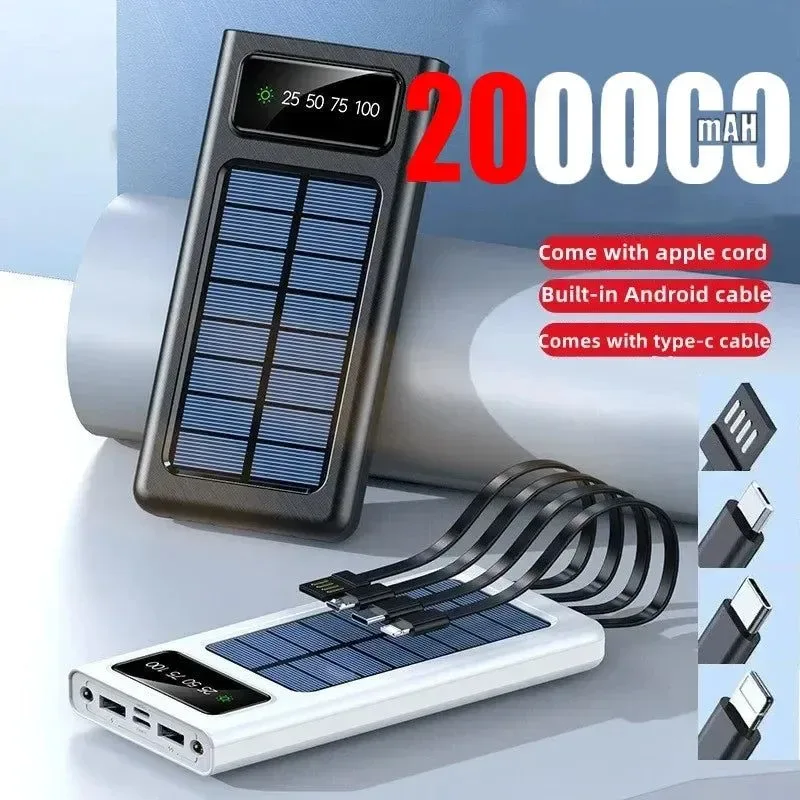 Premium Material 200 000mAh Solar Power Bank with Built-In Cables and LED Light Fast Charging Dual USB Ports Charger for iPhone Versatile