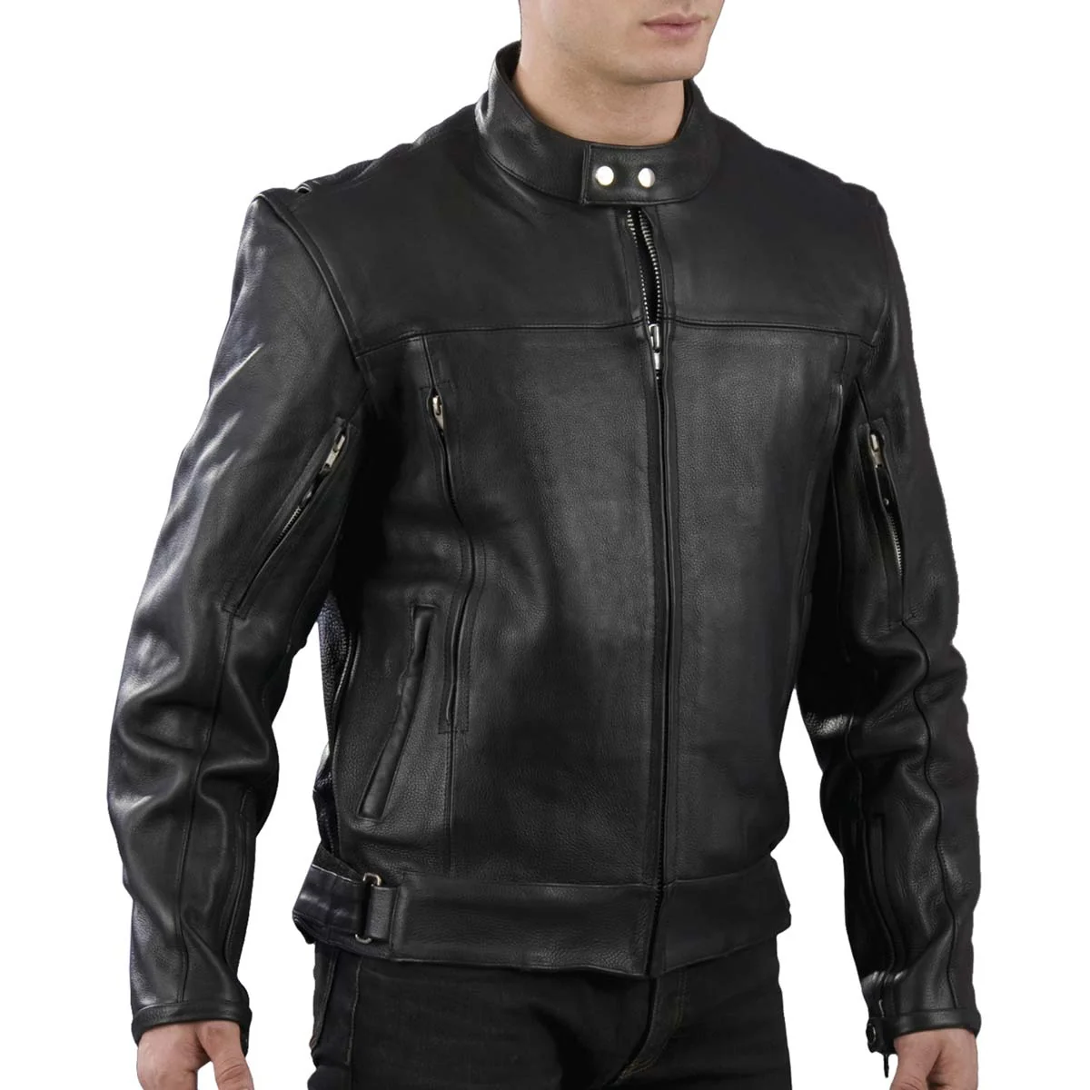 High-End Leather EL1409 Men’s Black Leather Vented Mandarin Collar Racer Jacket World-Class