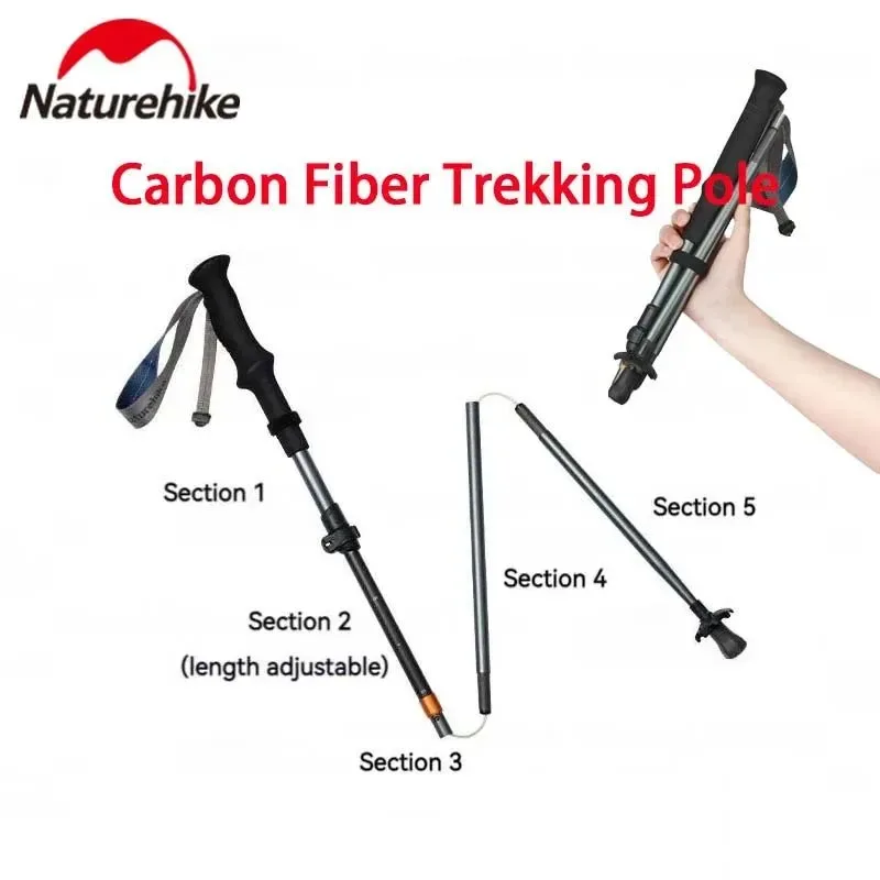 Secure 5-Section Folding Trekking Pole Carbon Fiber and Aluminum Alloy Ultralight Walking Stick for Hiking and Climbing Quality