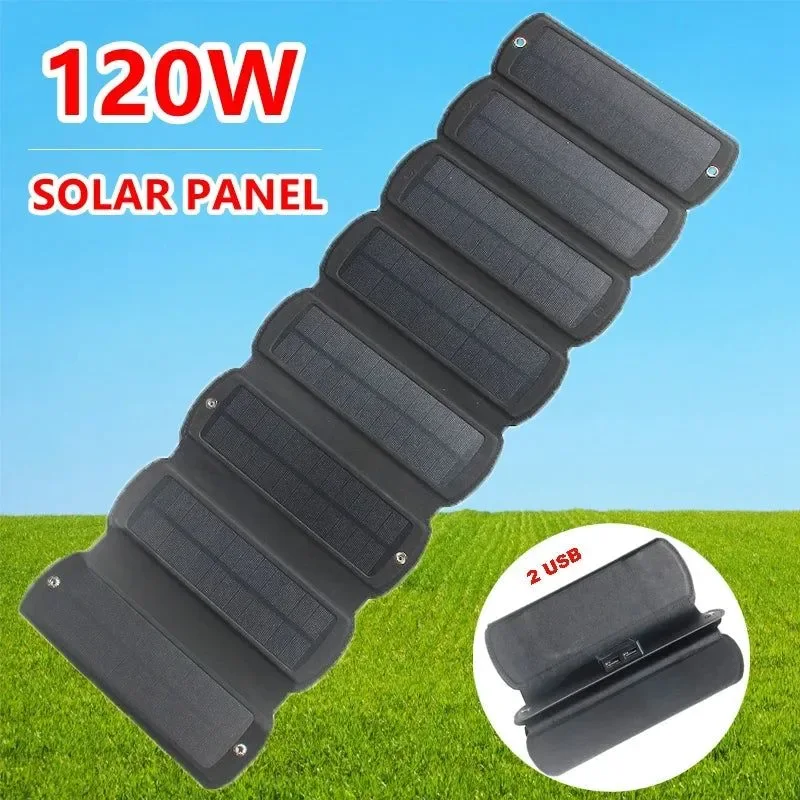 Genuine 120W Foldable Solar Panel Dual USB 5V Solar Charger Waterproof Solar Cell Portable Power for Camping and Hiking Natural
