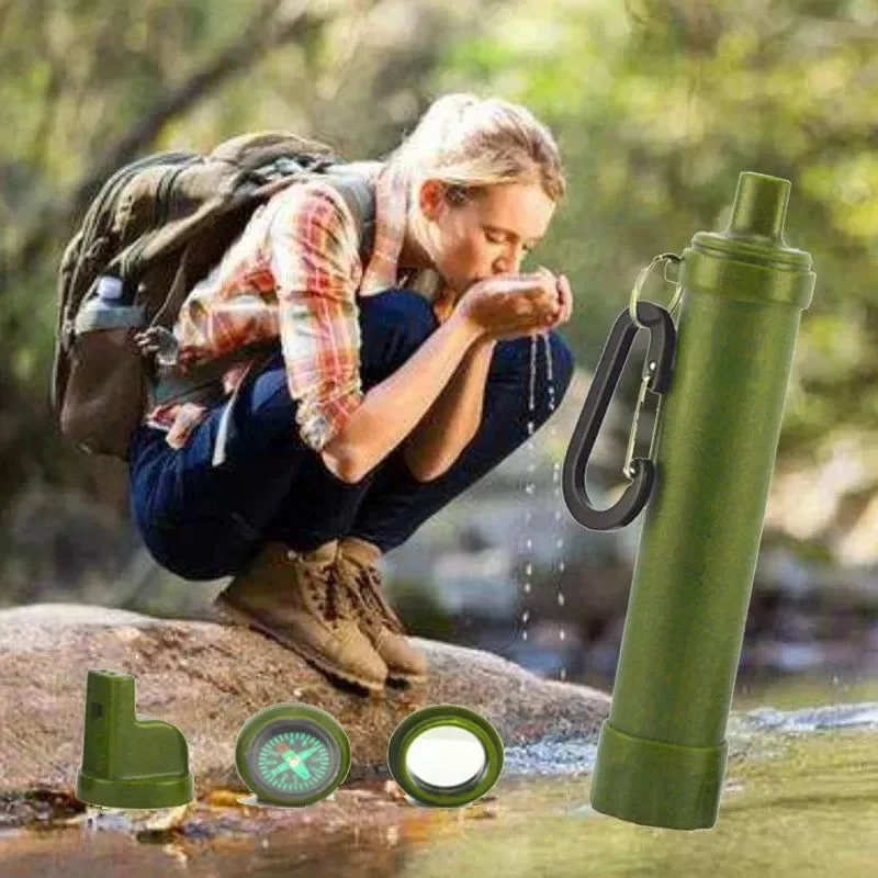 Comfortable 4-in-1 Survival Water Filter Kit – Personal Purifier with Whistle Compass Hiking Straw for Camping Emergency Refined