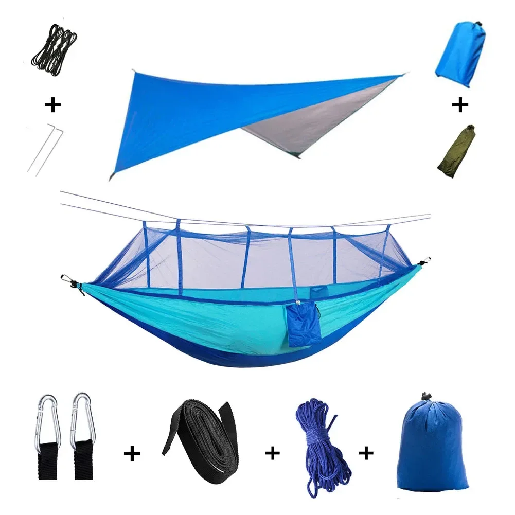 Trendy 2-Person All-Weather Camping Hammock with Mosquito Net Rain Fly – 440lb Capacity Portable Outdoor Shelter System Camouflage User-Friendly