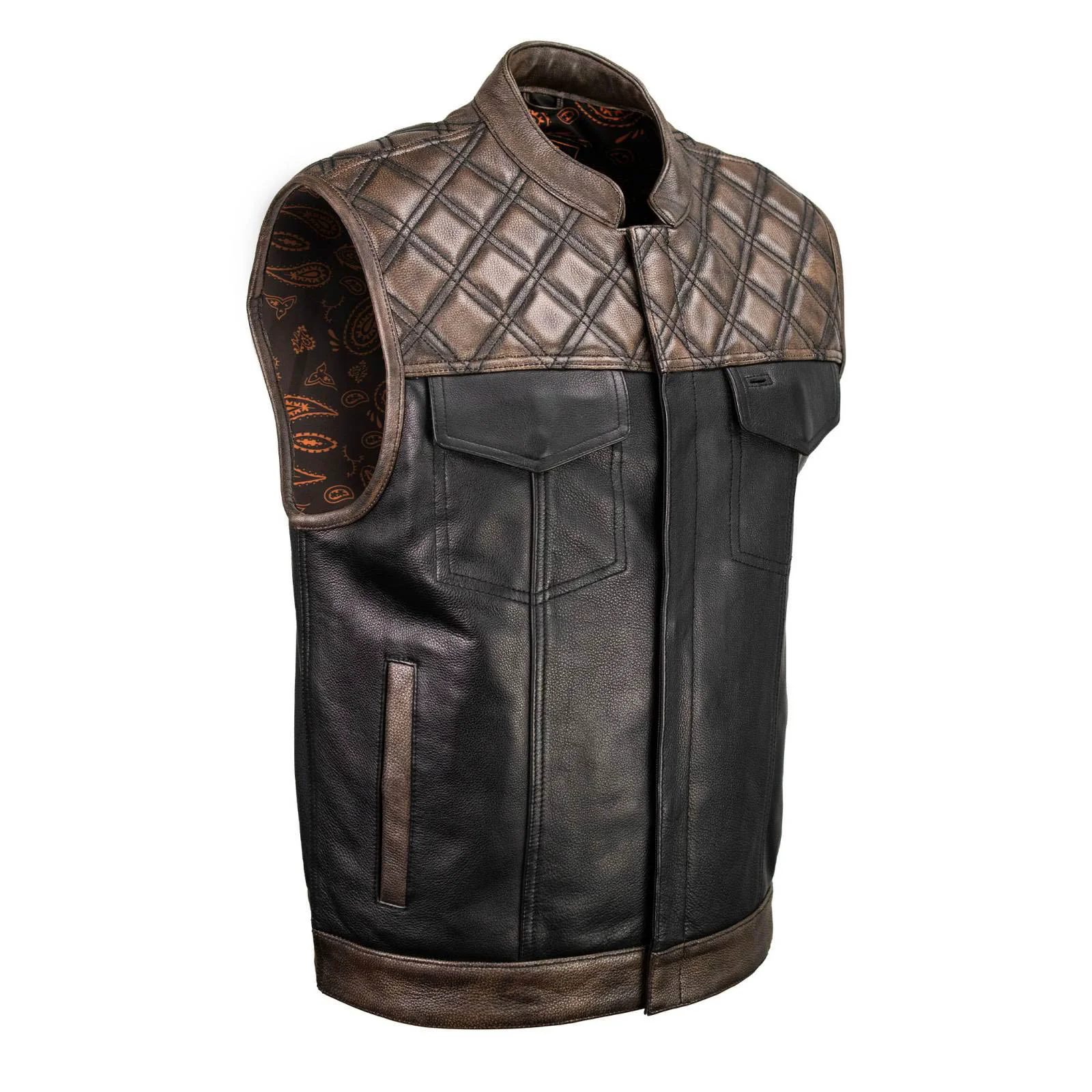 Secure Milwaukee Leather MLM3529 Men’s Black Brown Paisley Lined Leather Vest w Accent Stitching Armhole Trim Elegant