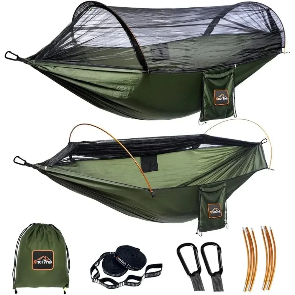 Fashionable 600lb Capacity Camping Hammock with Mosquito Net – Lightweight Portable Double Hammock with Aluminum Poles Tree Straps