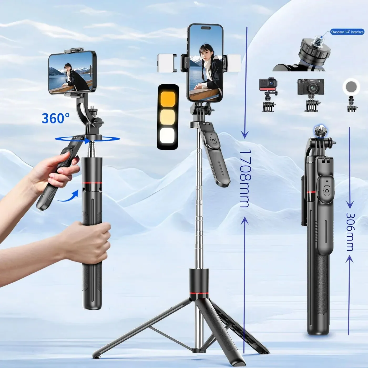 Carefully Designed F16 Selfie Stick Tripod – 3-in-1 Stainless Steel Bluetooth Remote Fill Light Extends to 173.7cm Trusted