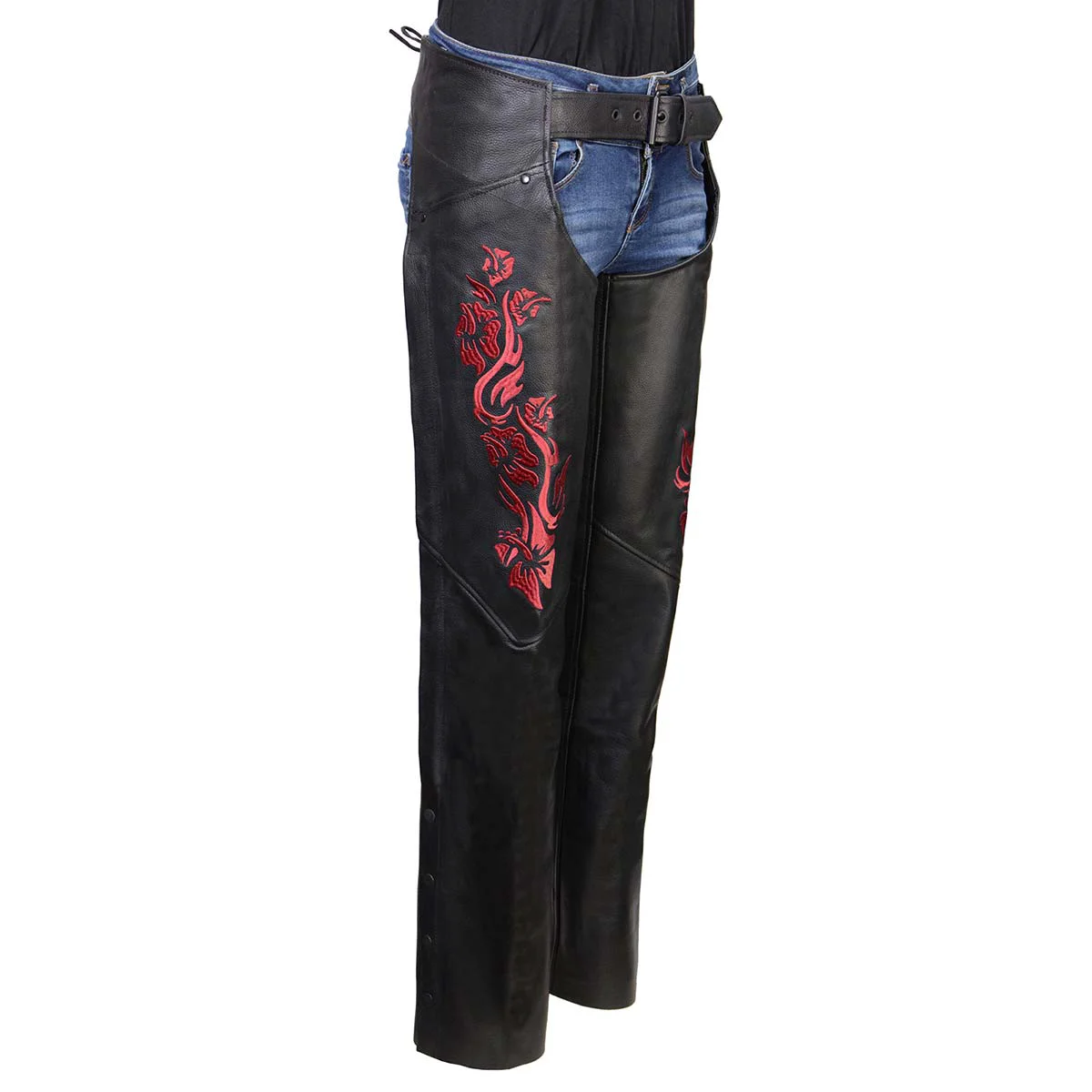 Luxury Milwaukee Leather Women’s Leather Motorcycle Chaps w Embroidery Detail Adjustable Fit Riding Gear – LKL16703 Secure