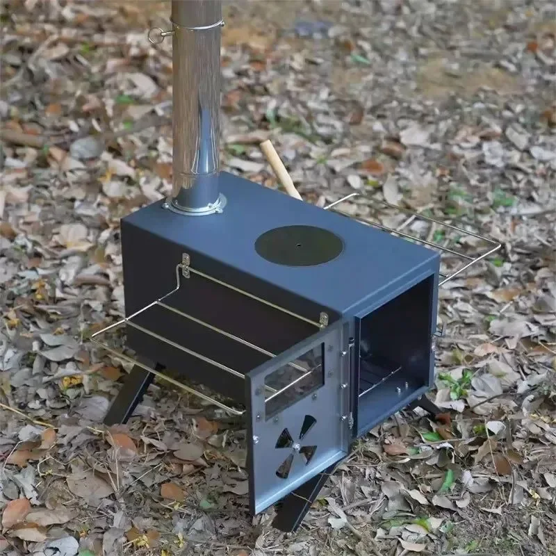 Practical Portable Black Iron Wood Stove Complete Tent Heating Camping Cooking Stove Kit with Chimney Powerful