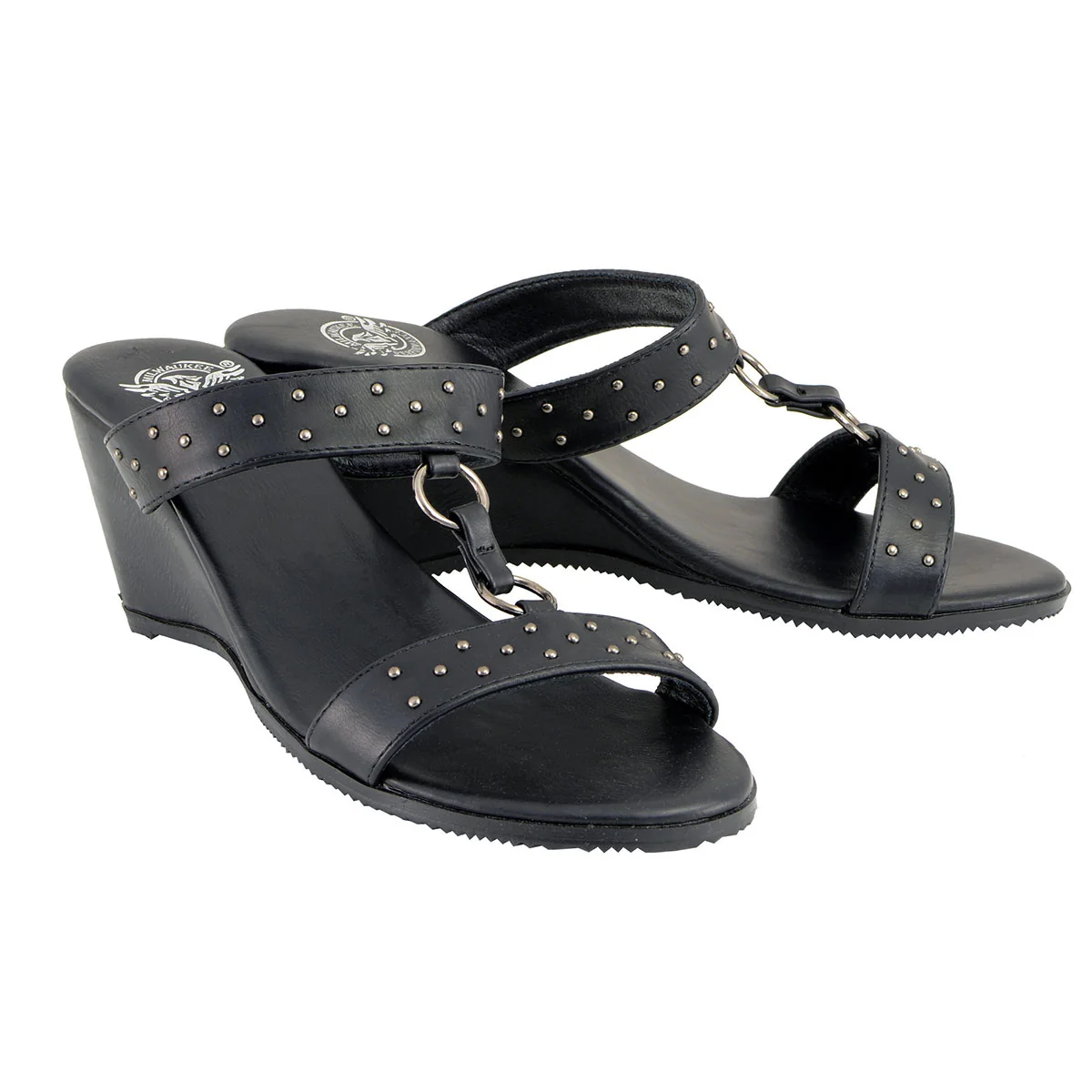 High-Grade Milwaukee Leather MBL9450 Women’s Black Studded Double Strap Fashion Casual Wedge Sandals Certified