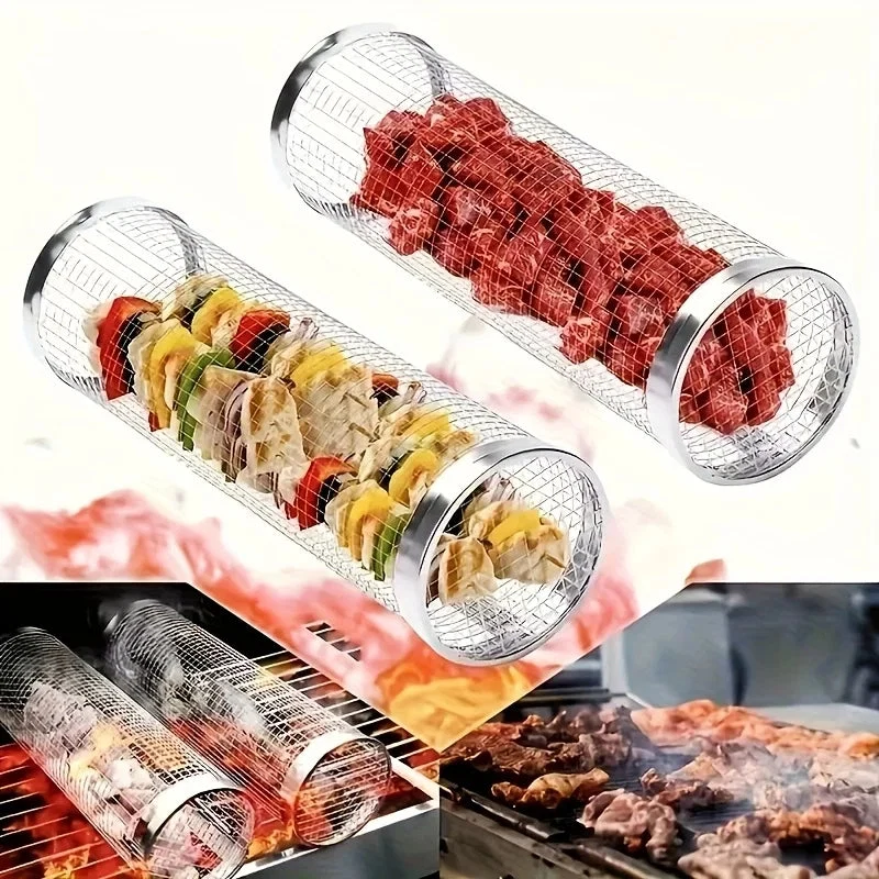 Quality 2-Piece Stainless Steel Rolling Grill Basket Set Camping User-Friendly