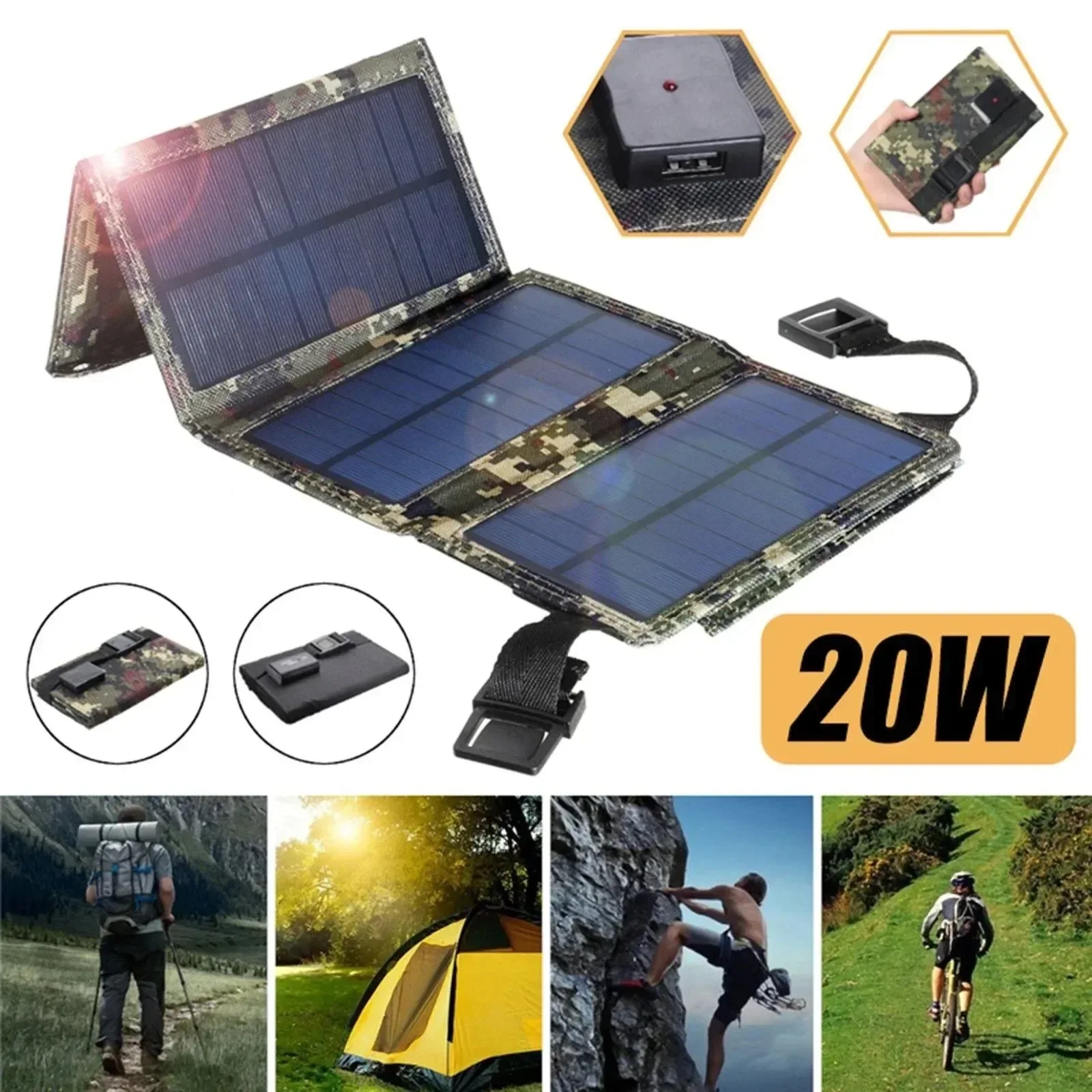 Flexible Cargador de batería de panel solar USB plegable de 20 W y 5 V para camping y senderismo Durable