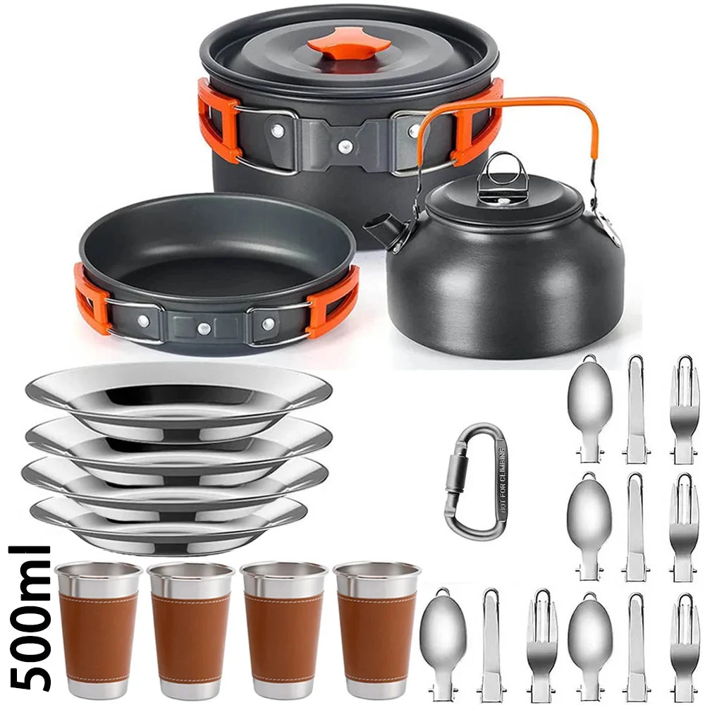 Green Lightweight Aluminum Camping Cookware Set – Portable Outdoor Cooking Kit for 2–4 People with Mesh Storage Bag Fashionable