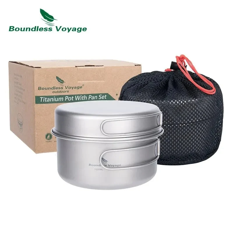 Reusable Titanium Camping Cookware Set – Ultralight Pot Pan with Folding Handles for Hiking Backpacking Eco-Friendly