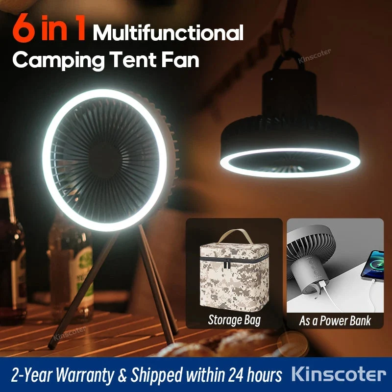 Efficient 10000mAh Rechargeable Camping Fan with Power Bank LED Light Adjustable Tripod – 3-in-1 Outdoor Fan Powerful