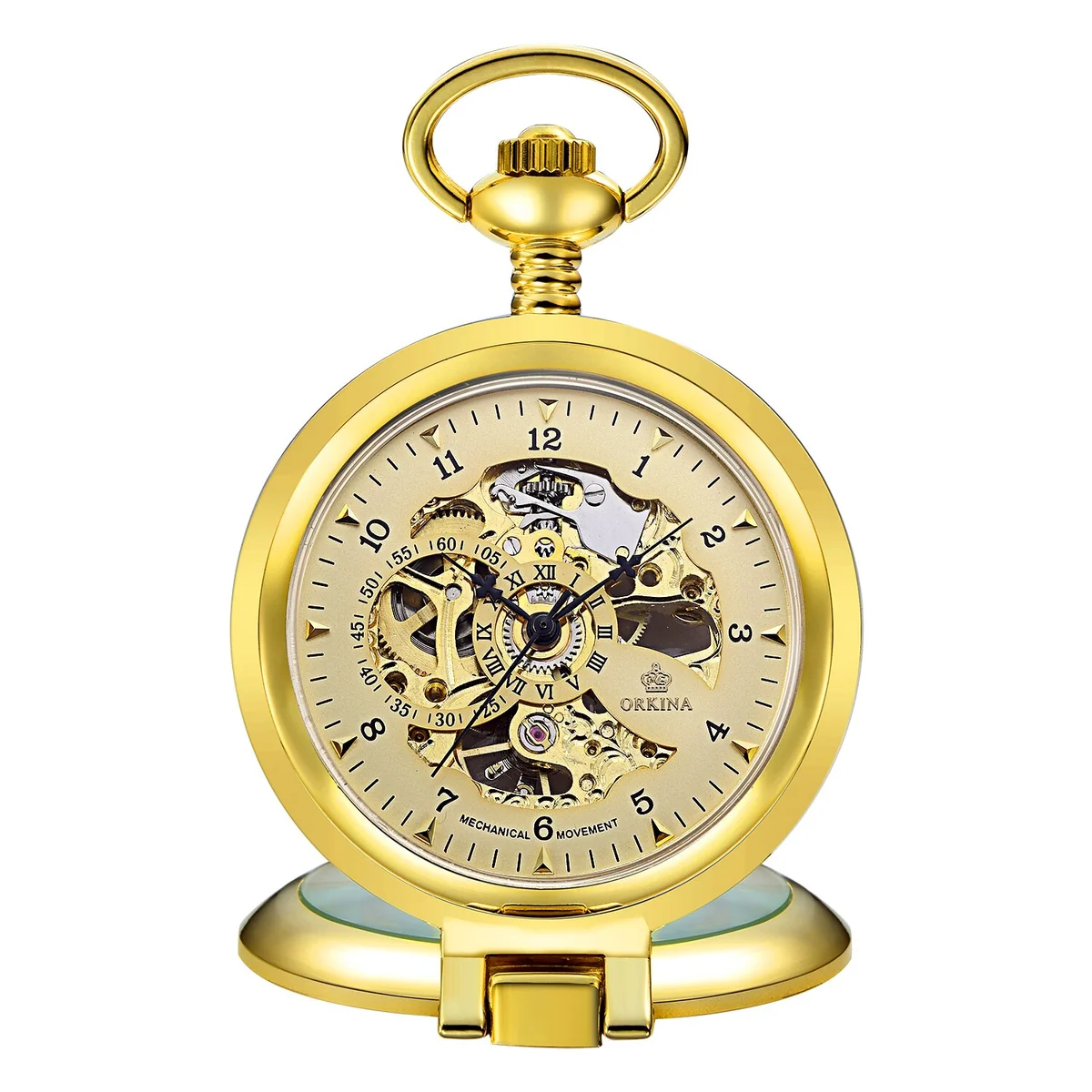 Luxury Olaf Orkina Mechanical Skeleton Pocket Watch Golden Crafted
