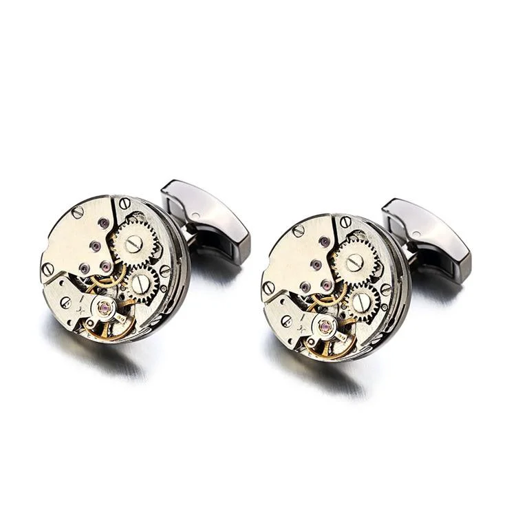 Natural Silver-Tone Mechanical Movement Cufflinks Detailed