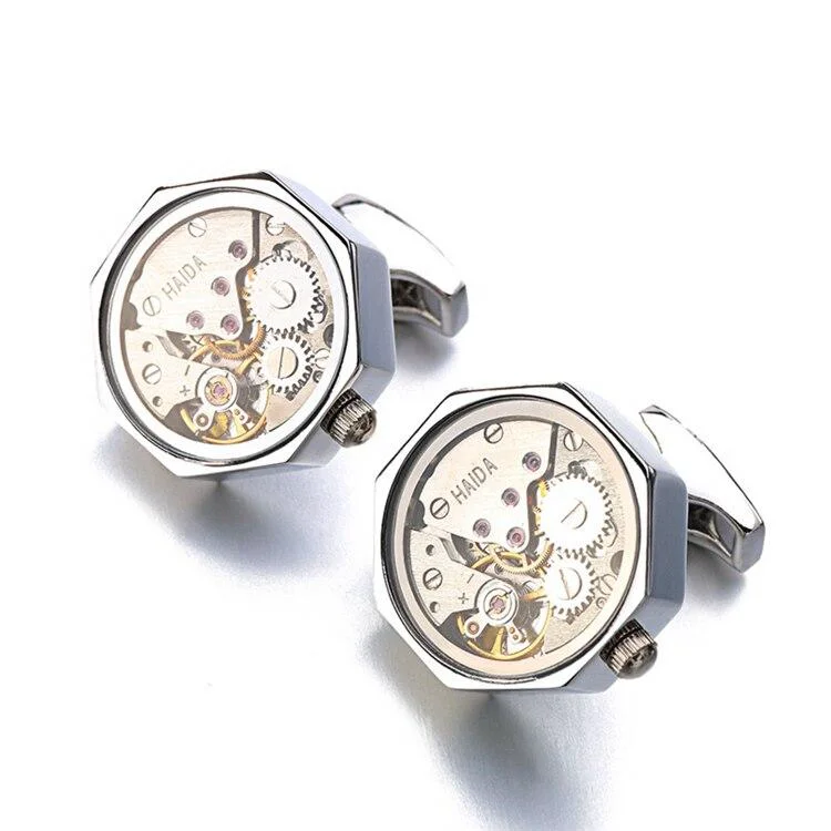 Original Design Hexagon Stainless Steel Mechanical Movement Cufflinks Effective