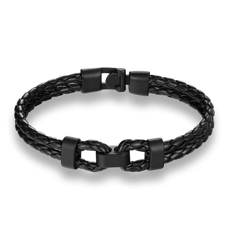 Unique Pulsera de cuero trenzado con doble grillete negro mate Eco-Friendly