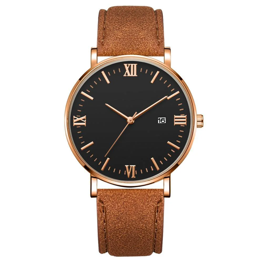 Classic Flavio Elegante reloj clásico con esfera negra y correa marrón Advanced