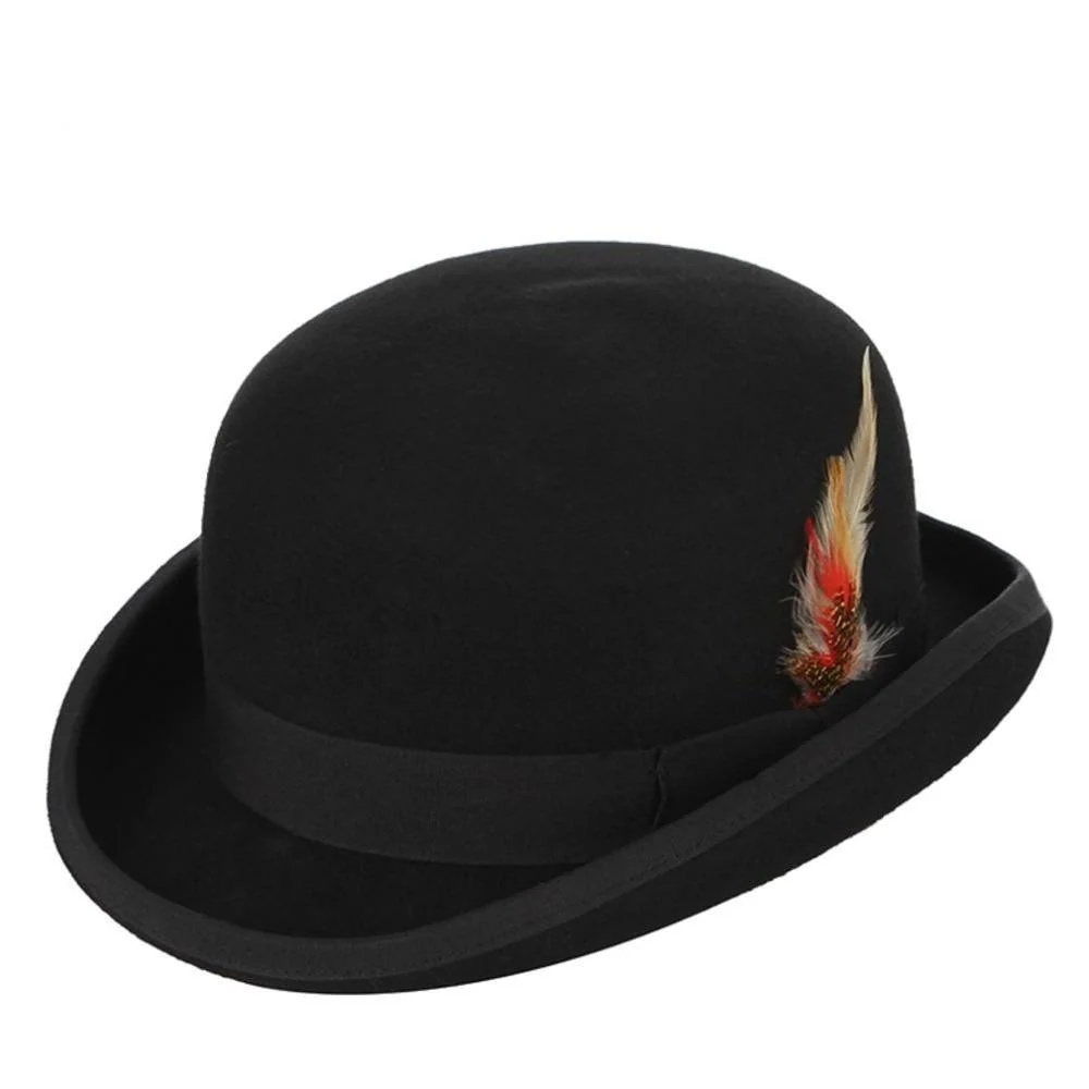 Fashionable Wool Felt Black Bowler Hat With Feather Responsible