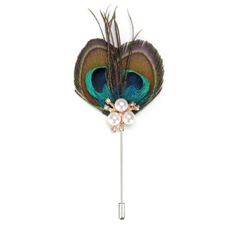 Soft Peacock Feather With Pearls Lapel Pin Natural